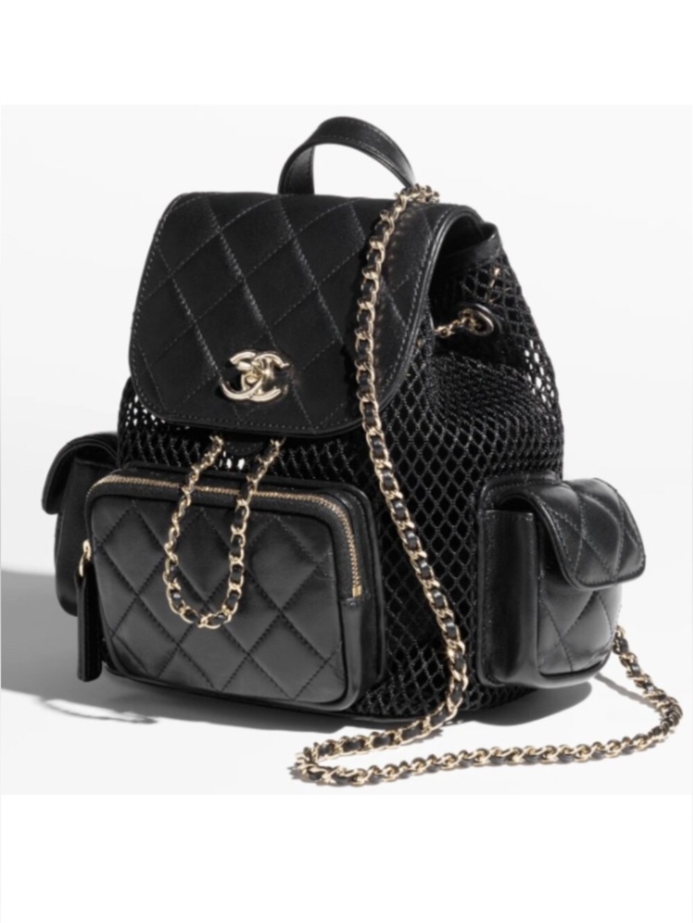 CHANEL Black Quilted Leather & Mesh Backpack with Chain Trim, SS25